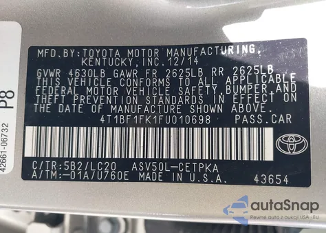 2015 Toyota Camry Xse from USA, damaged, VIN 4T1BF1FK1FU010698